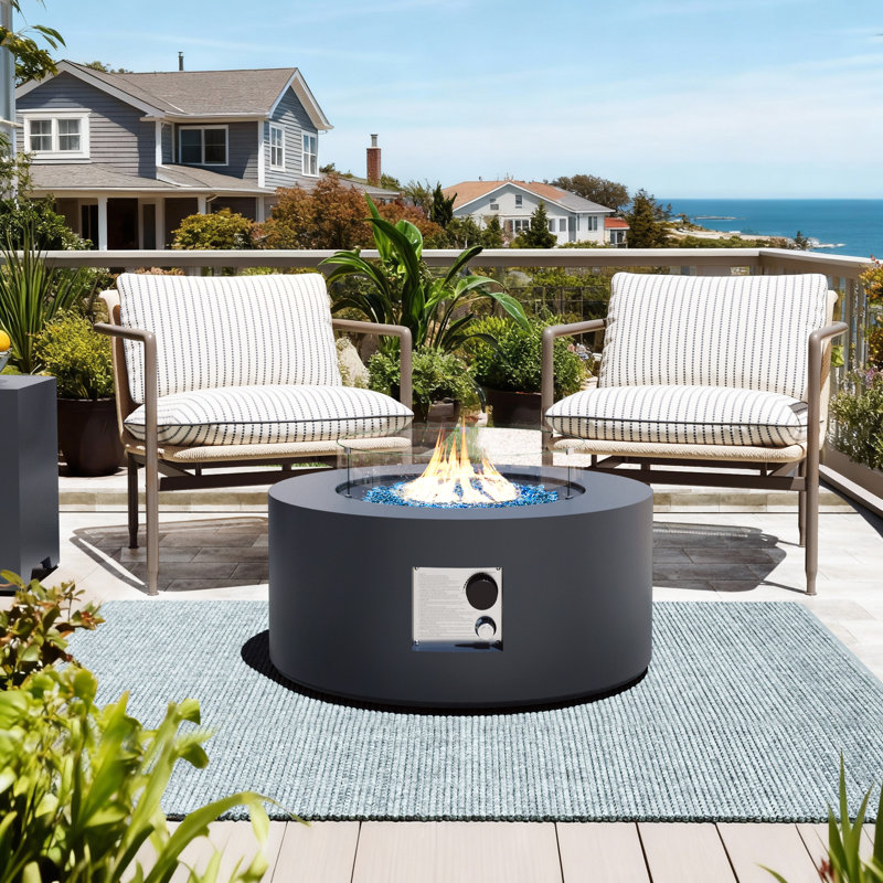 Foyer de table au propane rond en fer de 40 000 BTU avec couvercle de réservoir et pare-vent en verre gris foncé 28 po BTU