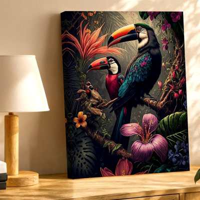 Impression de toile tropicale, oiseaux tropicaux, jungle, impression sur toile, impression de nature colorée, salon botanique, couloir de chambre à coucher, décoration murale surréelle moderne pour appartement, loft, entrée, style maison