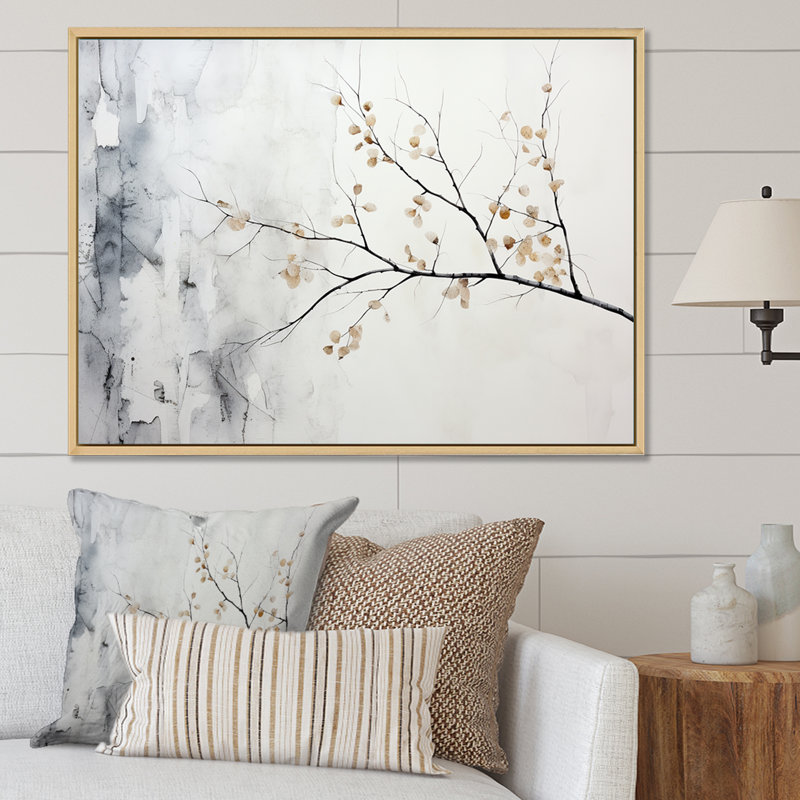 Arbre de minimalisme gris bouleau I sur toile, H 16 po x l 32 po x P 1 po, Cadre flottant blanc