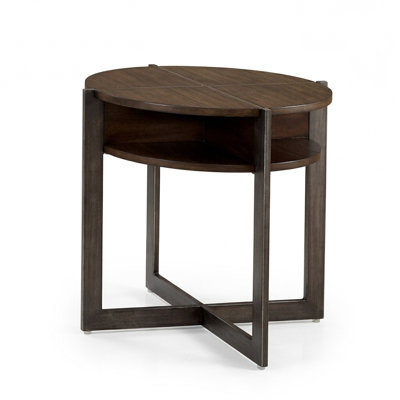 Benilda 25 In. Dark Oak Round Wood Veneer End Table With Crossed Legs And Lower Shelf