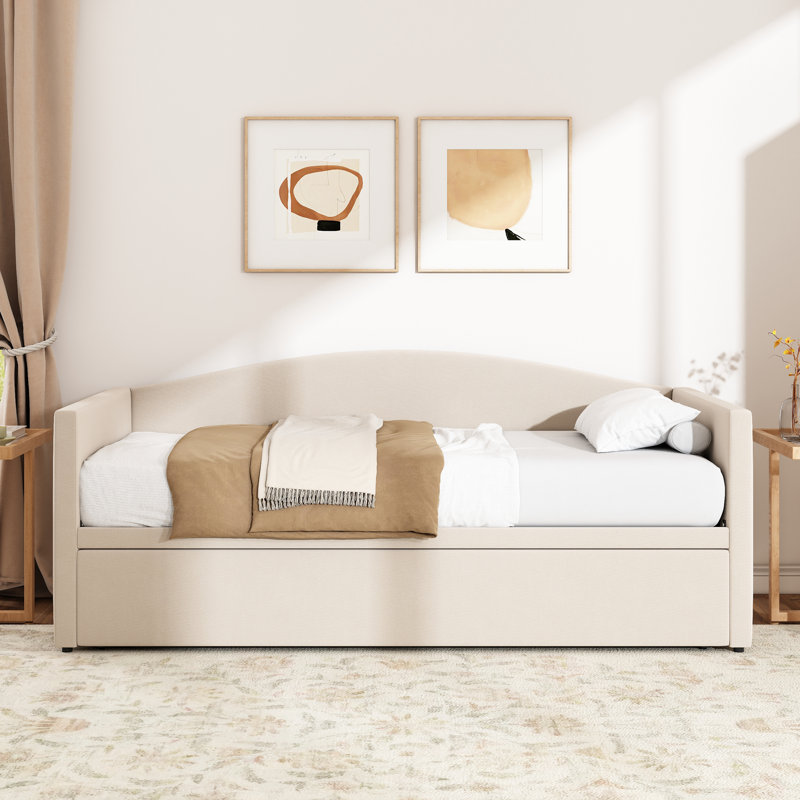 Upholstered Daybed With Pop Up Trundle, Beige