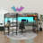 Metal Twin Size L-Shaped Loft Bed With LED, Storage Shelves, 2 Charging Stations And Desks
