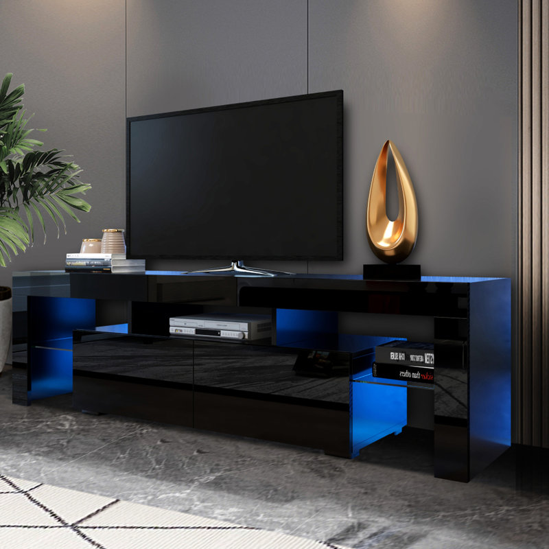 20 Colors Led Tv Cabinet, Modern Black, 63X13.8X17.7In, Fits 60-69" Tvs, 70.6Lbs, With Remote Control Colours Lighted Black Stand For 60 - 69 Inch Tvs