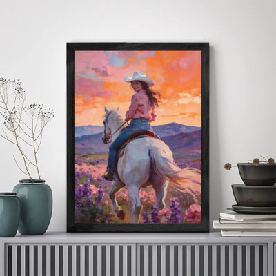 Art encadré noir minimaliste prêt à accrocher, femme, cheval avec cadre en bois noir élégant, décoration murale moderne pour la cuisine de bureau
