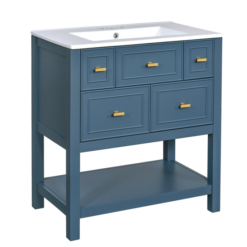 Meuble-lavabo 30 po avec lavabo en céramique - bleu moderne, 5 tiroirs en bois massif bleu, Blue