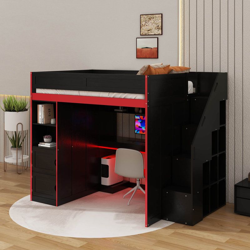 Lit mezzanine double avec bureau et rangement, Lit double