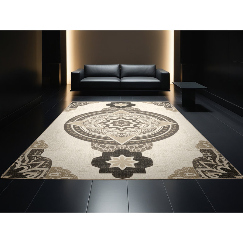 Tapis moelleux moelleux d'inspiration mondiale Dormont en beige - reliure beige, 7 x 10