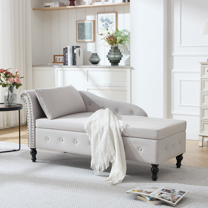 Chaise longue de rangement en velours Eastham, Gris clair, Orienté à droite