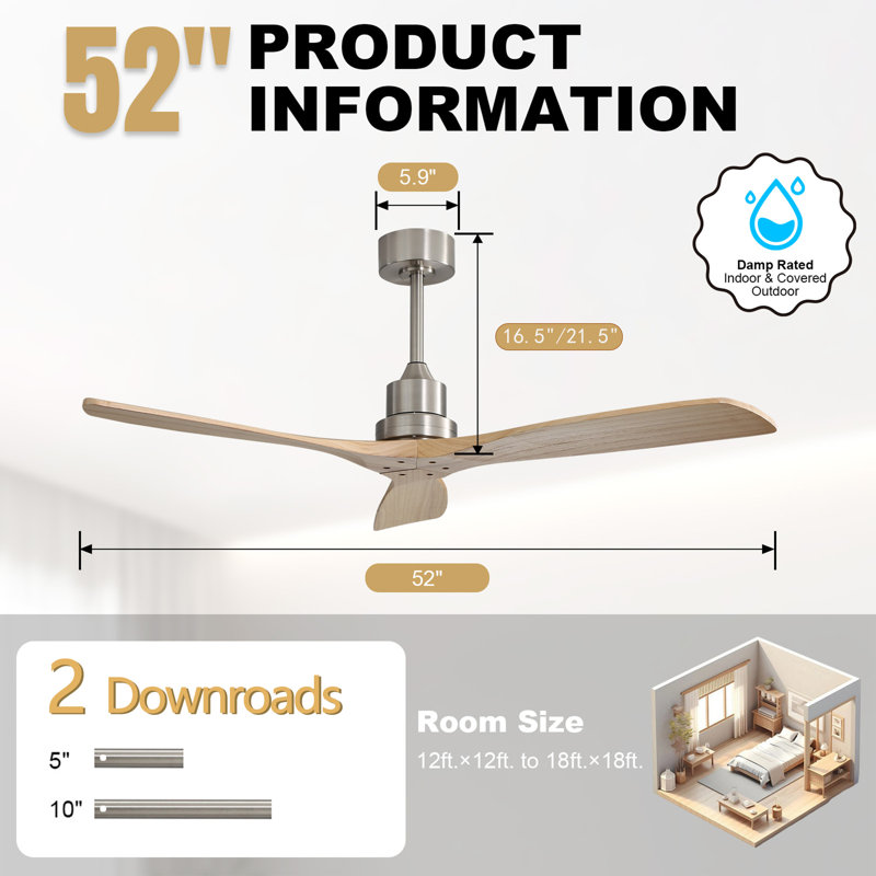 52" 3-Solid-Blade Smart Solid Wood Ceiling Fan Without Light, Sand Nickel/Beige