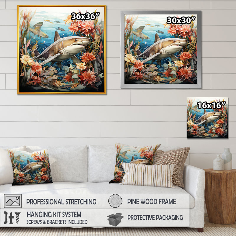 «Curious Shark Ocean Blooms II» - art mural requin, Cadre flottant doré, H 36 po x l 36 po x P 1,5 po