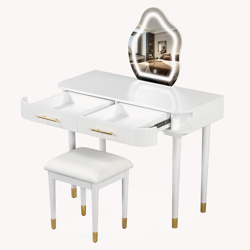 Ensemble de coiffeuse avec miroir lumineux et tabouret rembourré avec 2 grands tiroirs