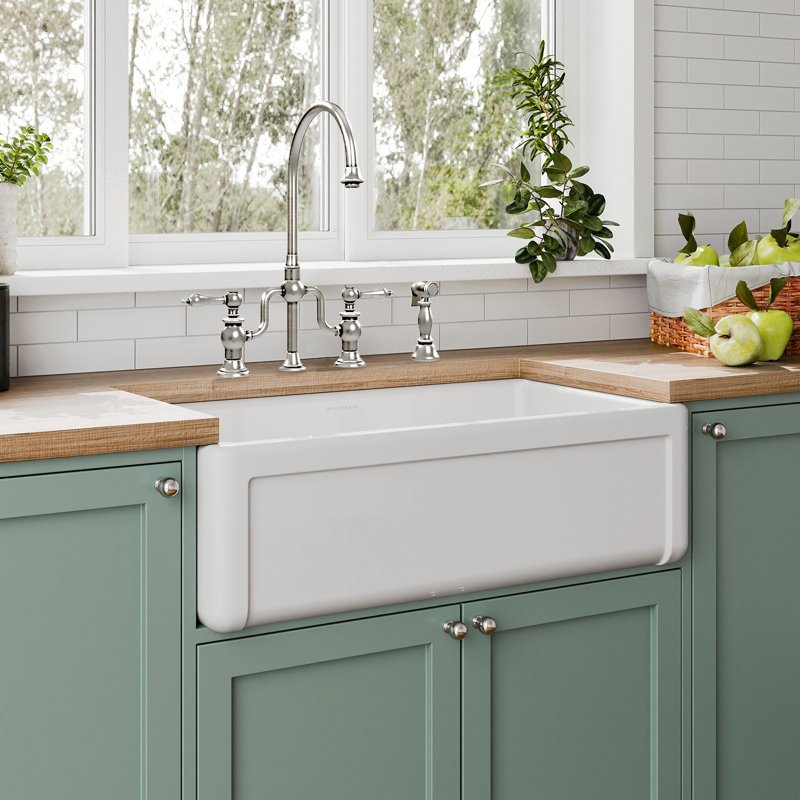 Whitehaus Collection Reversible Fireclay Kitchen Sink with Grid: Three Edge Frame, Plain Front Apron, 10" H x 33" L x 18" W