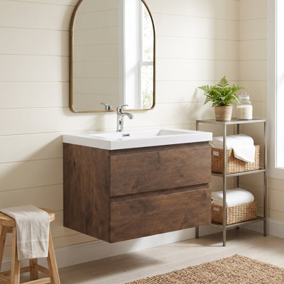 Meuble-lavabo mural en mélamine de bois de rose de 76 cm (30 po), résistant à l'usure, aux égratignures et à la porosité, surface facile à nettoyer, préassemblé.