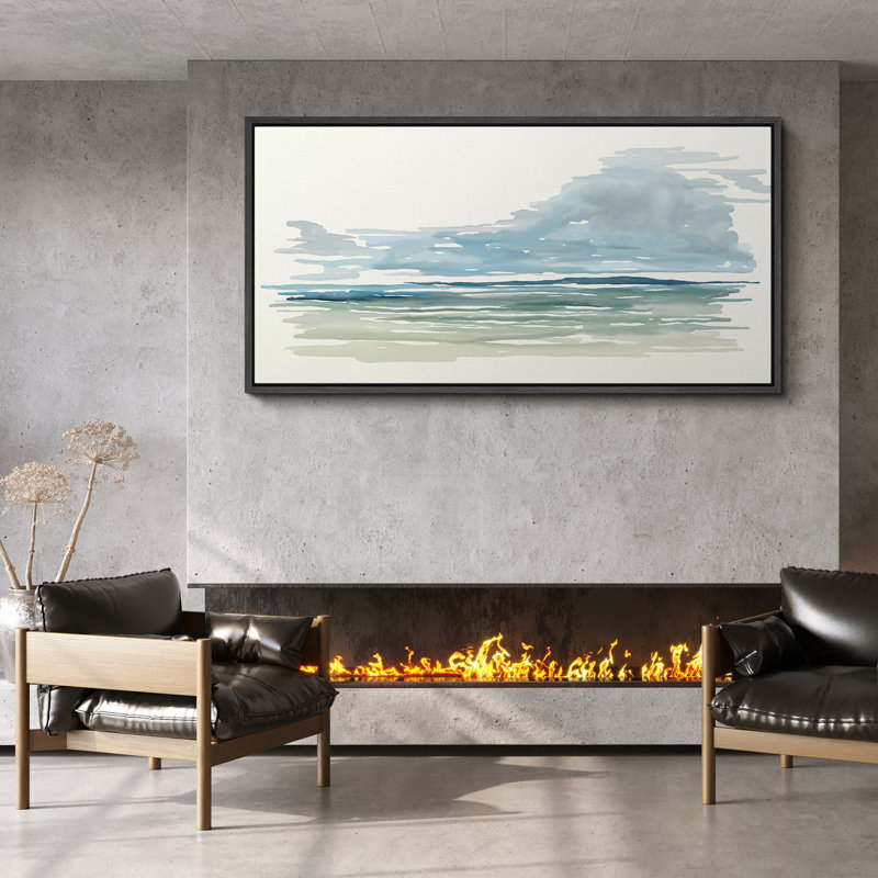 «Watercolor Coastal Horizon», toile encadrée - Paysage océanique bleu et vert, H 30 po x l 60 po, Noir