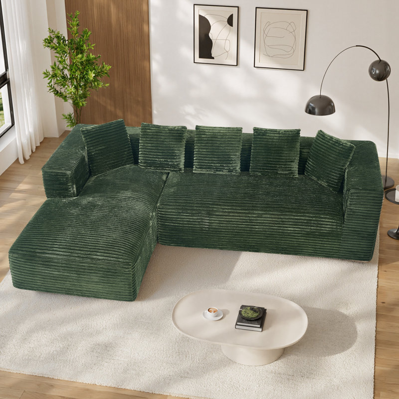 Canapé modulaire surdimensionné avec coussins Adame Boneless Compression, Velours côtelé vert, Face à la gauche, Forme en L
