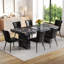 Ensemble de table et de chaises 78,7 po x 39,4 po x 29,9 po, panneau de salle à manger luxueux en marbre noir avec un plateau de table de 3,5 po d'épaisseur et 6 chaises en polyuréthane noir avec un motif à rayures verticales sur le dossier.-2115652897