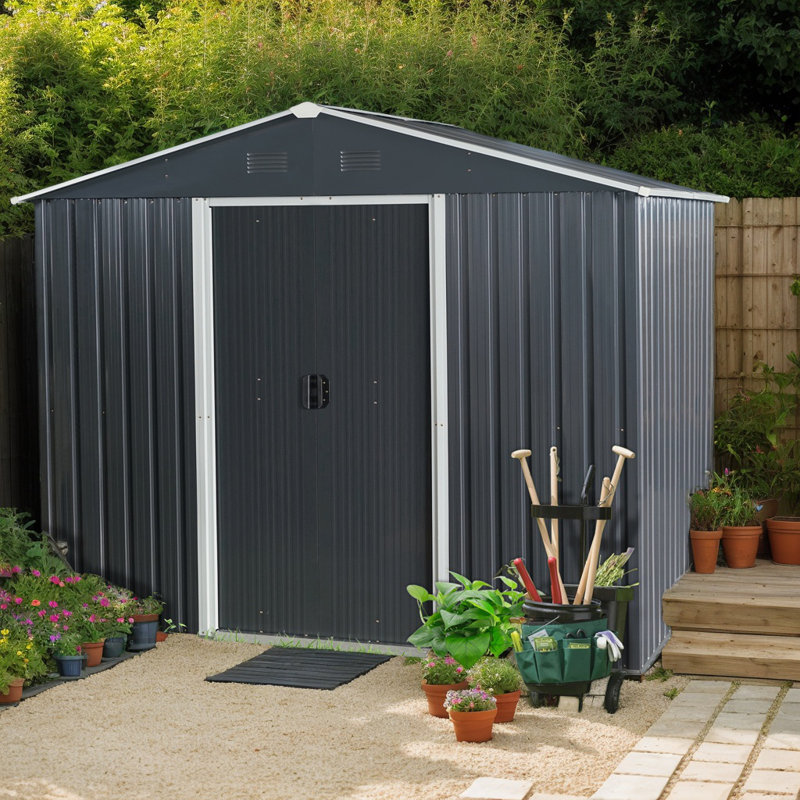 8ft x 6ft Outdoor Metal Storage Shed with Sliding Doors – Includes Padlock, Tools, Weatherproof & Easy Assembly, Black
