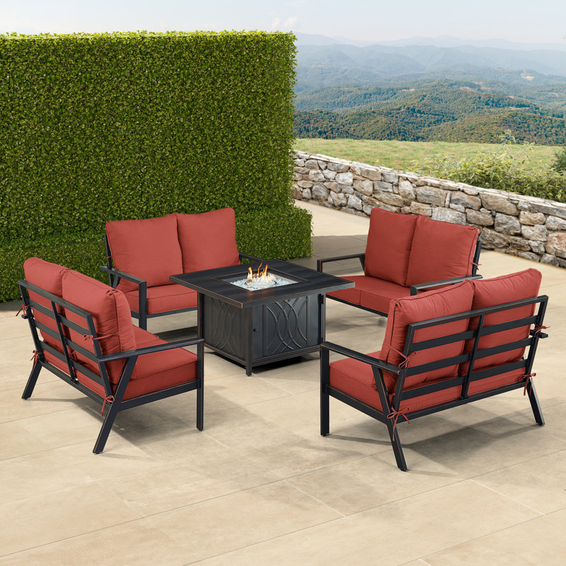 Ensemble de table de foyer en aluminium noir avec quatre causeuses profondes, Rouge