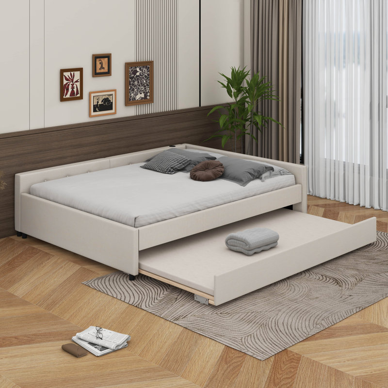Upholstered Platform Bed With USB And Trundle, Queen