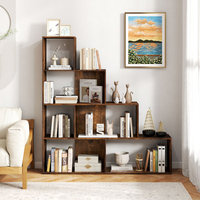 Bibliothèque à 4 niveaux à 4 niveaux avec 6 cubes, grand organisateur 64 "avec ensembles anti-basculement brun rustique