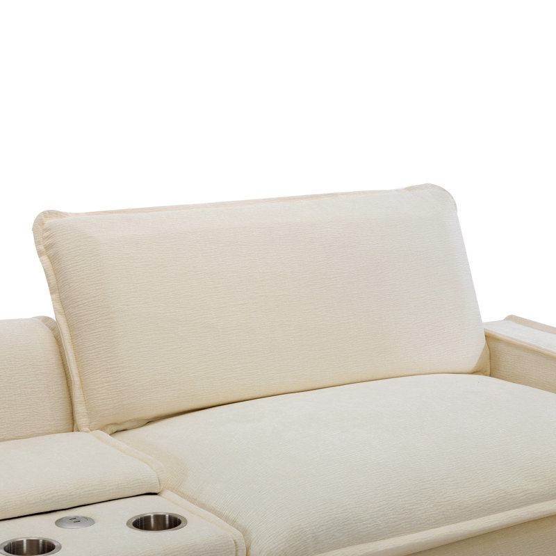 Beige 111" With Two Removable Ottomans, Double Cushion Design, Ports, Cup Holders, Large Storage Box And 4 Pillows, Fabric Sectional Storage, Ottomans Breathable Chenille Material