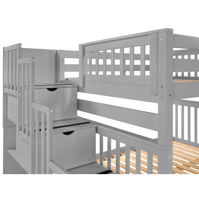 Tena Solid Wood Standard Stairway Bunk Beds Full over Full, 4 Drawers in the Steps, Full Trundle, Gray