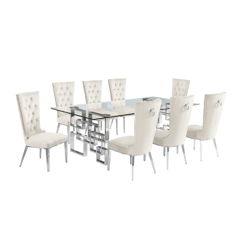 Ensemble de salle à manger rectangulaire en verre transparent avec chaises en velours L 95 po x l 46 po Borel, 9, Argent
