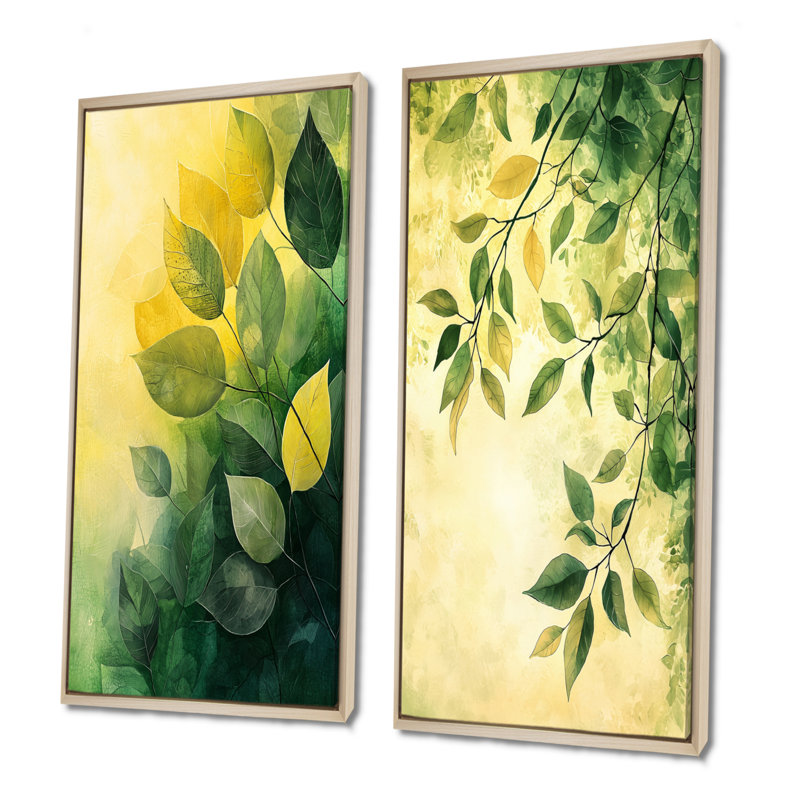 Feuillage vert et jaune, collage de feuilles I - art mural floral 2 panneaux, Cadre crème crème, H 32 po x l 33 po