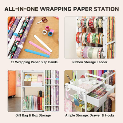 Wrapping Paper Storage, Rolling Gift Wrap Station, 9 Adjustable Rod Design, White