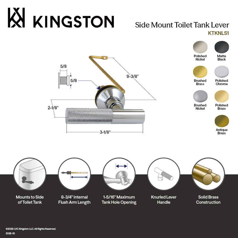 Kingston Convergent Side Mount Toilet Tank Lever With Knurled Handle, Brushed Nickel