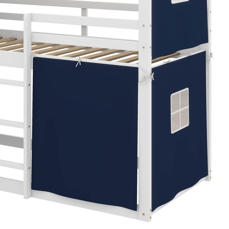 Twin-Sized Wooden Bunk Bed, House-Style Bed With Windows And Canopy, Low Loft Bed Structure With Safety Guardrail, Blue, Twin