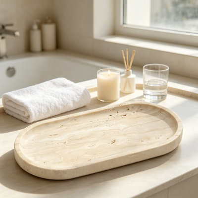 Plateau de meuble-lavabo en pierre naturelle italienne 12 x 6 pouces pour parfums, bougies, bijoux, organisateur de comptoir décoratif beige clair