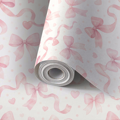 Papier de contact pour papier peint auto-adhésif Mignon ruban rose sans soudure à motif de coquette blanche à motif tendance auto-adhésif et amovible 17,7 po x 118 po (45 x 300 cm)