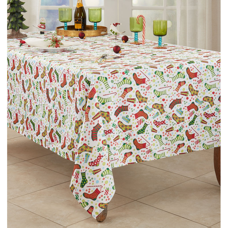 Festive Christmas Stockings Fabric Tablecloth, 65" x 84"