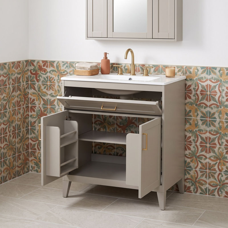 Meuble-lavabo autoportant avec lavabo en céramique, tablette réglable, portes à fermeture en douceur et supports de porte de rangement