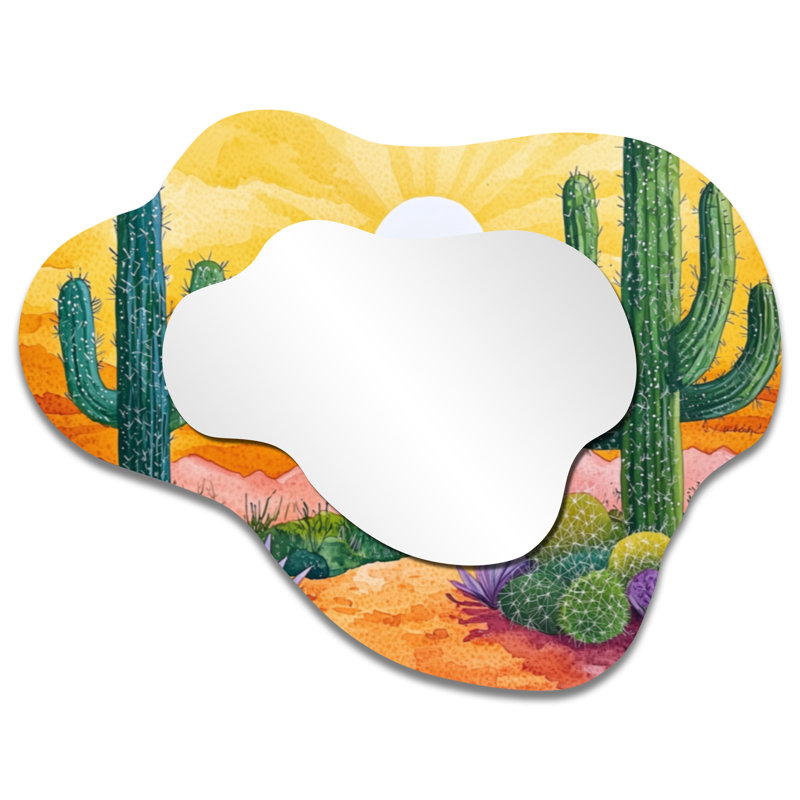Miroir mural Minimalist Cloud - Cactus Landscape at Sunset, impression sur métal, 27 po x 35 po