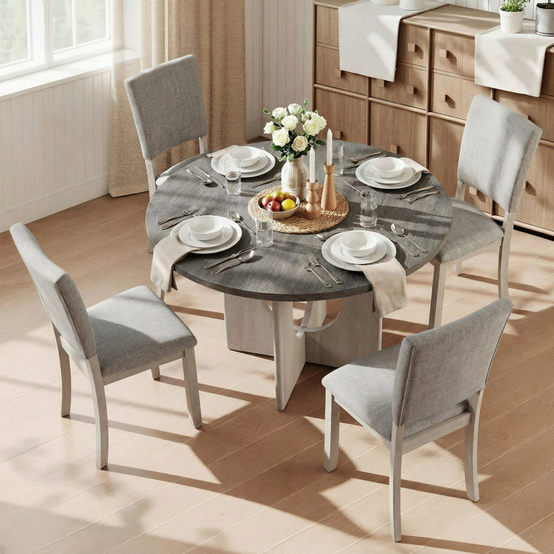 Ensemble de table de salle à manger 5 pièces avec 4 chaises rembourrées et plateau de table rond en bois massif de 47,3 po