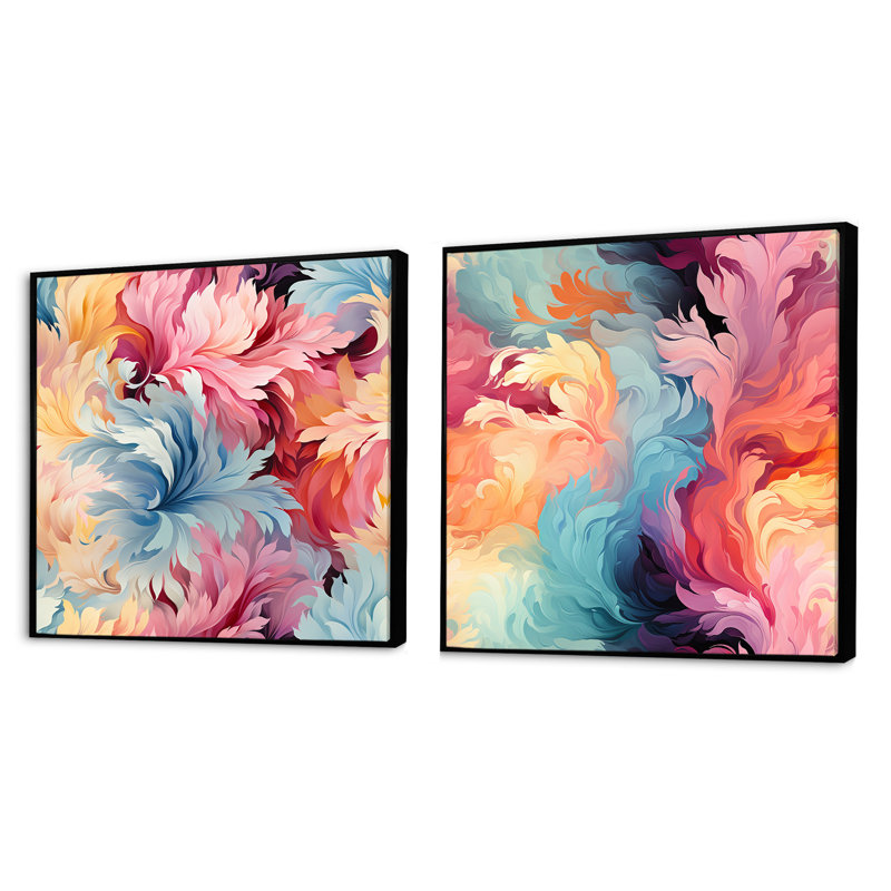 Lilas - Ensemble de 2 collages carrés abstraits, Cadre flottant noir, H 16 po x l 33 po