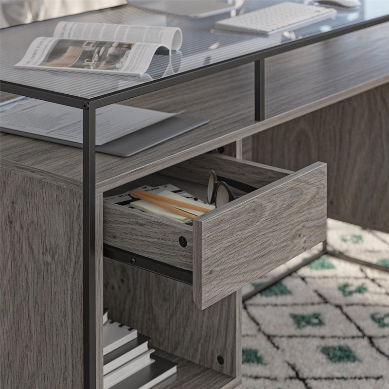Arreonna 139.7Cm W Rectangle Computer Desk with Cabinet, Grey Oak