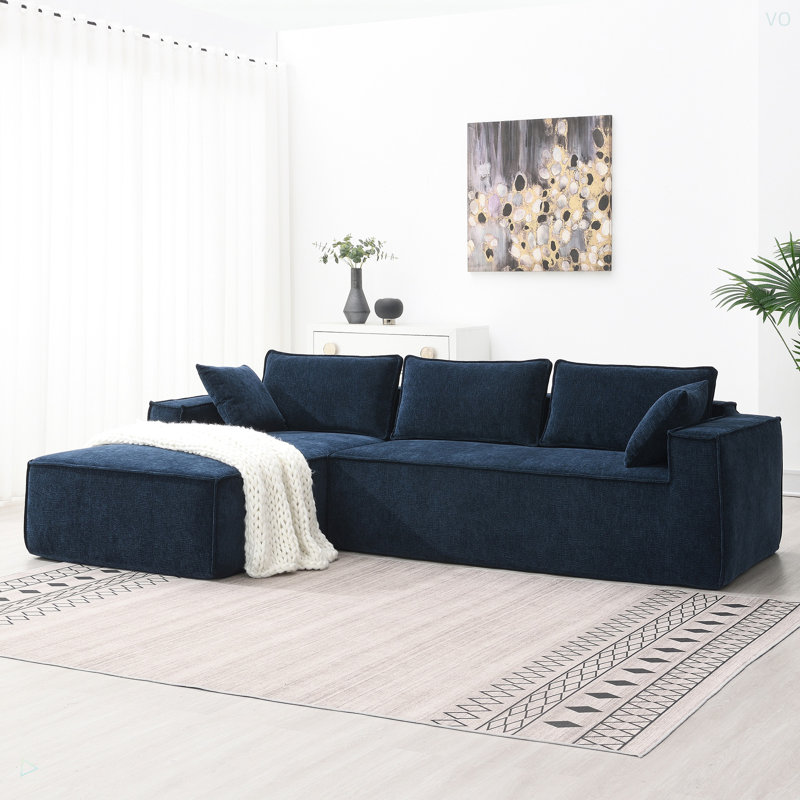 L-Shaped Chenille Sectional Sofa, Dark Blue Chenille