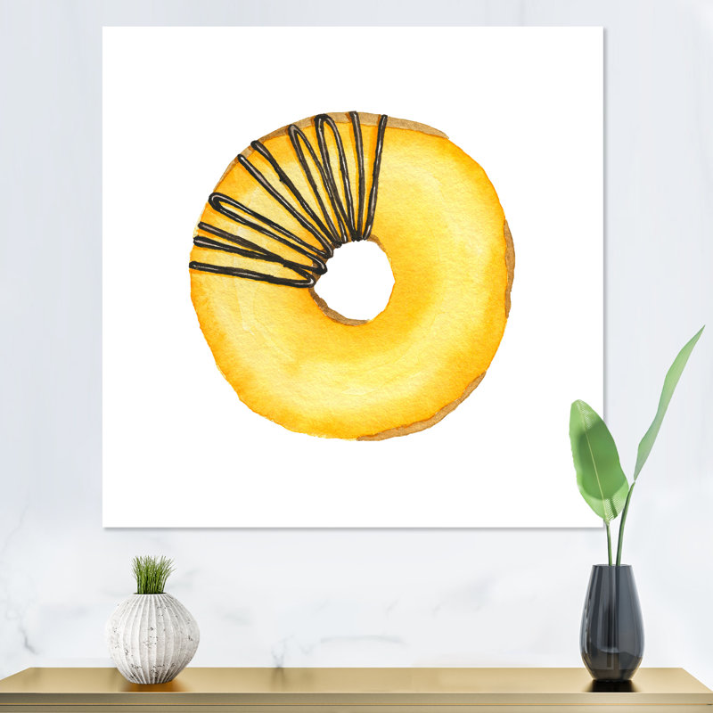 Donut jaune avec chocolat - peinture sur toile, Toile tendue, H 36 po x l 36 po x P 1,5 po