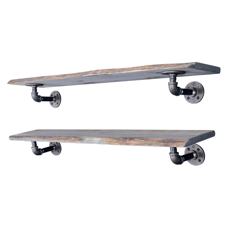 Live Edge Wood Shelf With Industrial Pipe Brackets - Handcrafted Floating Shelf For Wall - Unique Grain Patterns & Steel Brackets - Sturdy & Stylish Home Decor (2-Pack)