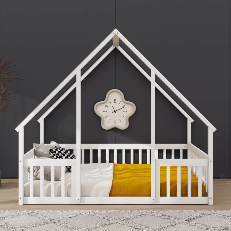 Lit double en bois pleine grandeur avec clôture, Blanc