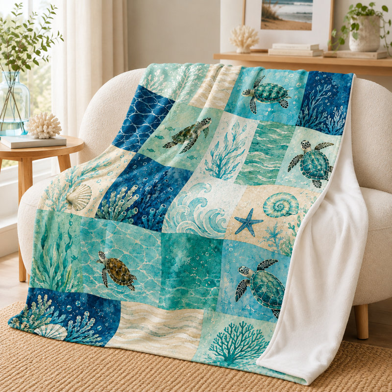 Patchwork Sea Turtle Blanket, Coastal Ocean Panel Print with Coral, Waves and Seashells, Flannel Throw for Couch, Bed, Reading, Travel and Lounging, 40 x 50 in