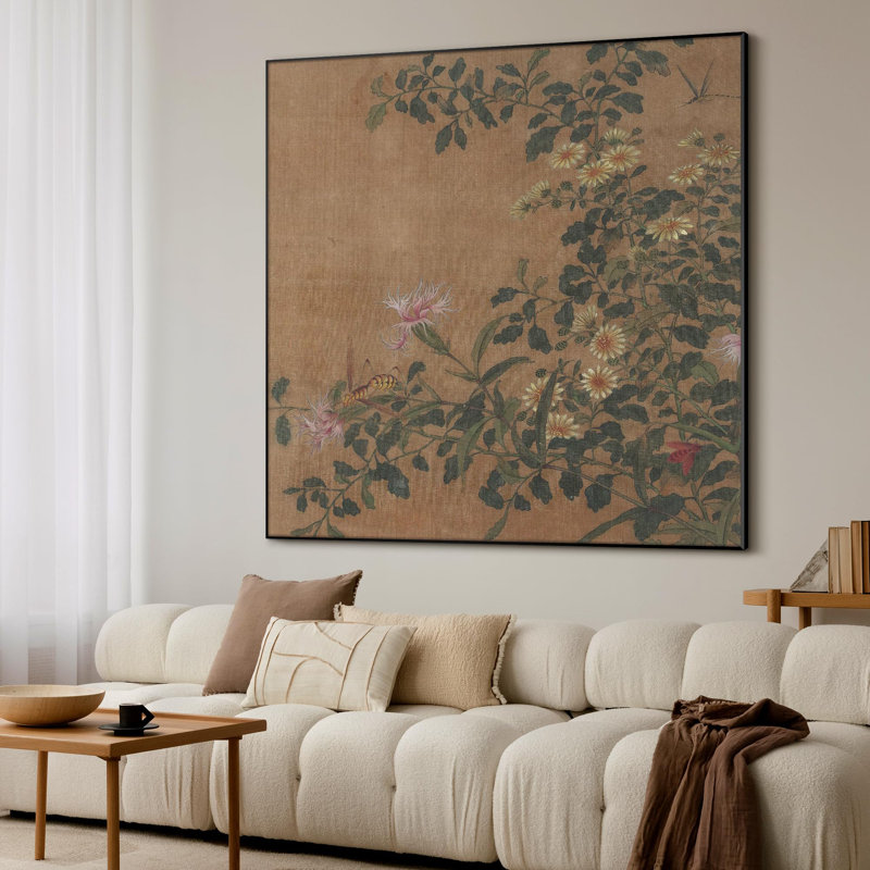 Extra Large Wall Art Fabric Print - Vintage Botanical Flowers and Insects Artwork Decor for Living Room or Bedroom - "Frame Assembly Required (Unfinished Frame)"