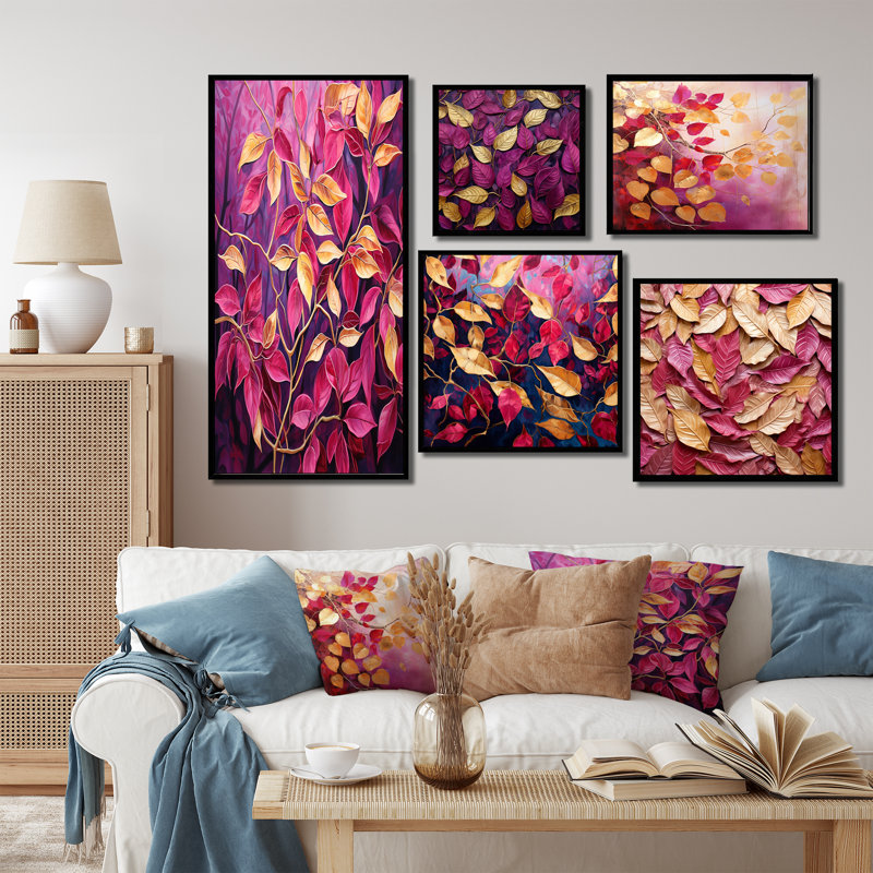 Feuilles dorées et roses avec feuillage - Ensemble de 5 décorations murales feuilles, Cadre flottant noir