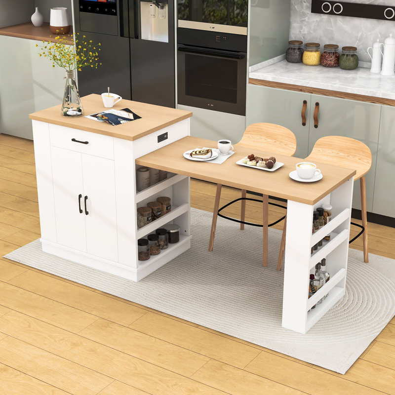 Îlot de cuisine extensible avec tiroirs, armoire à deux portes, tablettes ouvertes et comptoir télescopique, Blanc