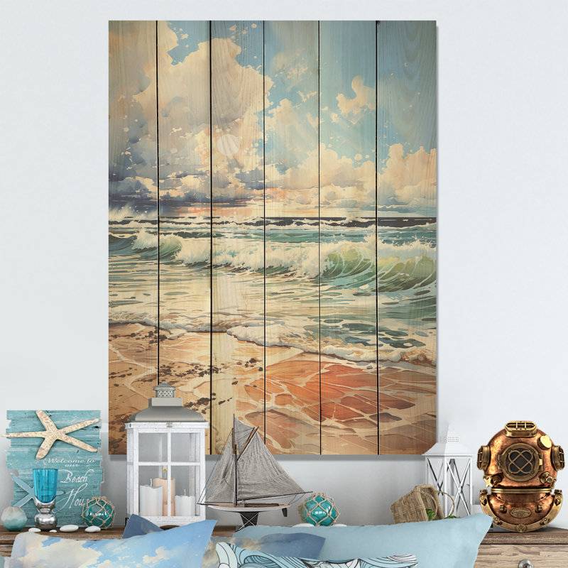 «Coastal Tranquility Horizon», art sur bois de pin naturel, H 20 po x l 10 po