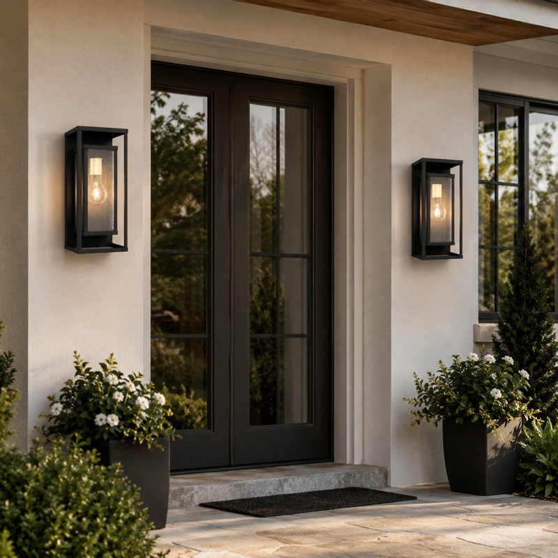 Jarrow Wrought Iron and Glass Outdoor Wall Light, 15.43" H x 6.02" W x 6.3" D, Matte Black