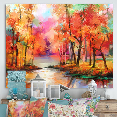 " Autumn Aspen Trees In Red Leaf Forest By Lake "